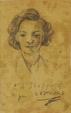 Marie-Madeleine, dessinée. Écrit en bas : "L.A. Sheppard par Grôtours" Marie-Madeleine, dessinée. Écrit en bas : "L.A. Sheppard par Grôtours"